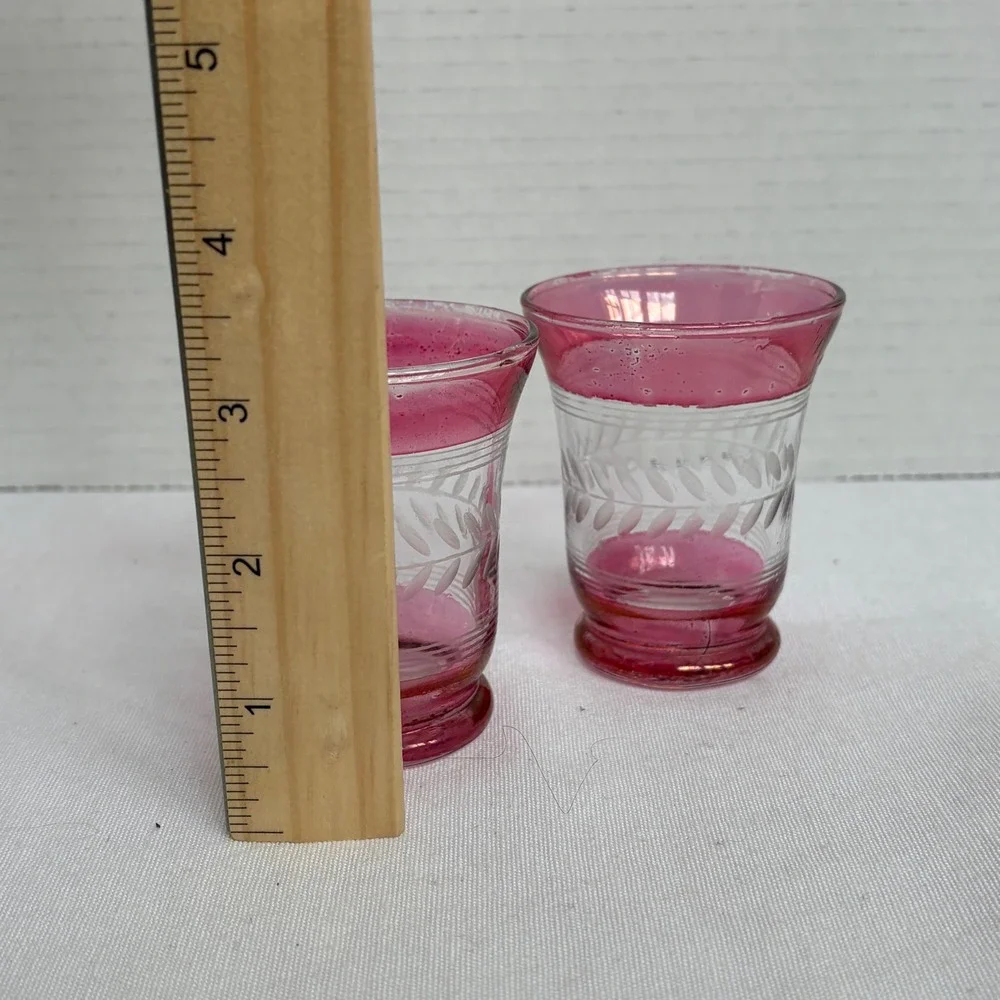 Vintage Cranberry Flashed Glass Shot Glasses Set‎ of 2 Etched Leaf Wheat Pattern